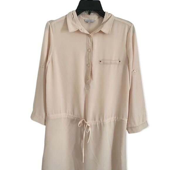 Naked Zebra Greige Roll Tab Sleeve Dress Top Mini Shirt Beige cream size small S - Picture 6 of 8